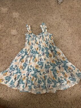 Bluey Smocked Floral Owl Print Girls' Sundress - White & Teal